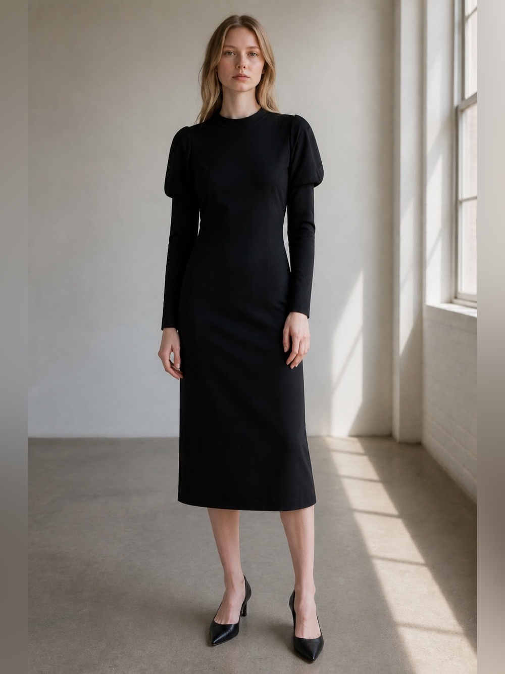 Vintage Banana Republic Black Midi Dress with Puff Shoulders